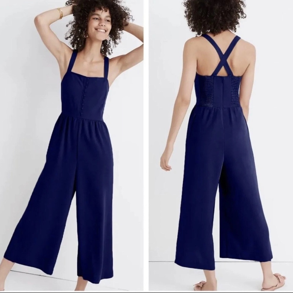 Madewell Smoked Cropped Wide Leg Navy Blue Jumpsuit 00